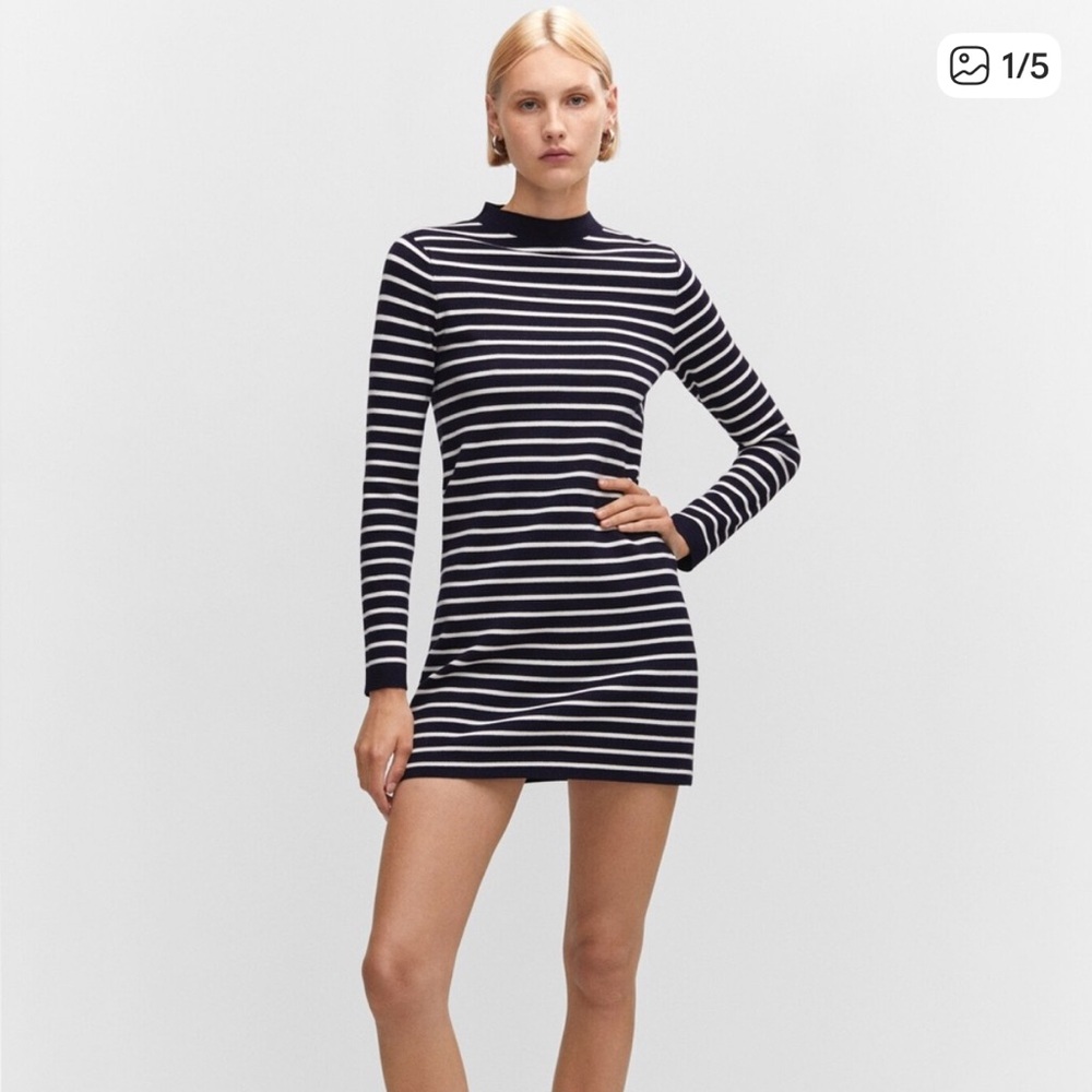 Mango Black and White Striped Long Sleeve Dress